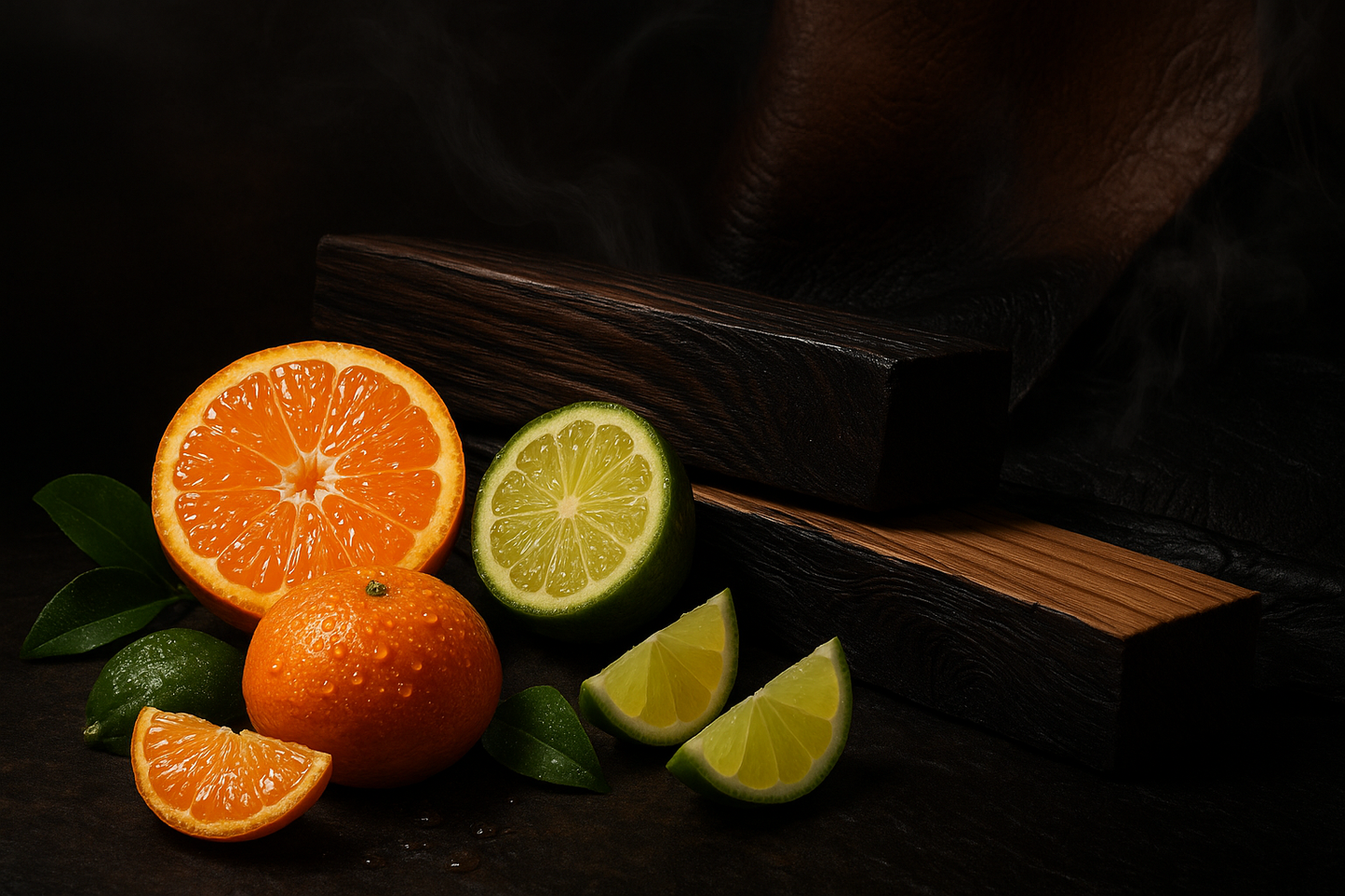 Lively mandarin, jeweled bergamot and a splash of zesty lime blended with smoky woods, rich leather and spiced ebony.
Top notes: Citrus, Mandarin, Bergamot
Mid notes: Lime, Woody
Base notes: Woody, Leather
Essential oils: Birch tar, Cedarwood---- create 4k image without bottle