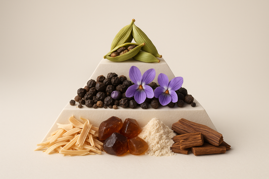 Top notes: Cardamom
Mid notes: Black Pepper, Violet
Base notes: Sandal, Musk, Orris, Cedarwood